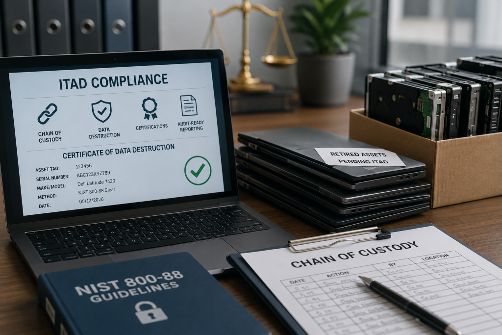 A laptop displaying an ITAD compliance certificate with chain of custody, data destruction, and audit-ready reporting icons, surrounded by stacked retired laptops, hard drives in a box labeled 'Retired Assets Pending ITAD,' a chain of custody form on a clipboard, and a NIST 800-88 Guidelines book.